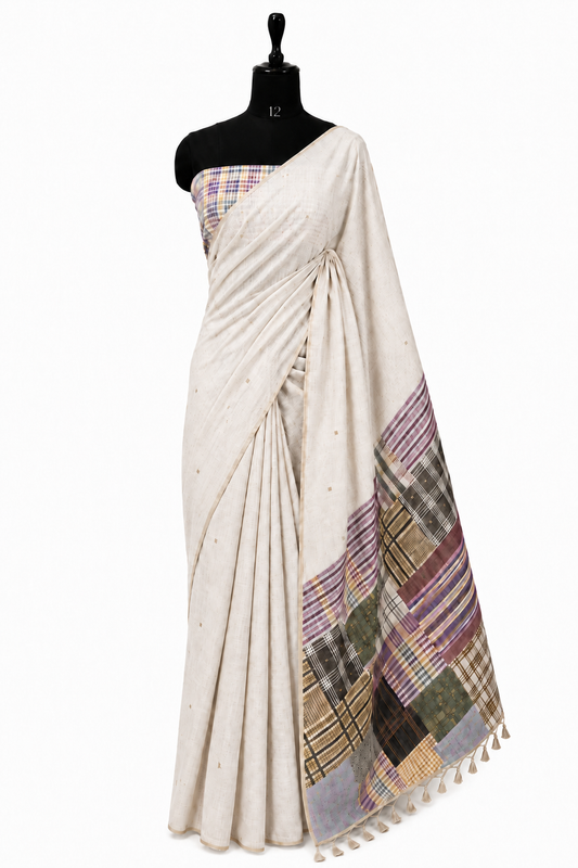Gamcha Cotton Blend Ivory-Magenta Rama Saree