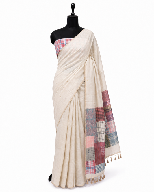 Gamcha Cotton Blend Ivory-Raspberry Sunsetorange Saree