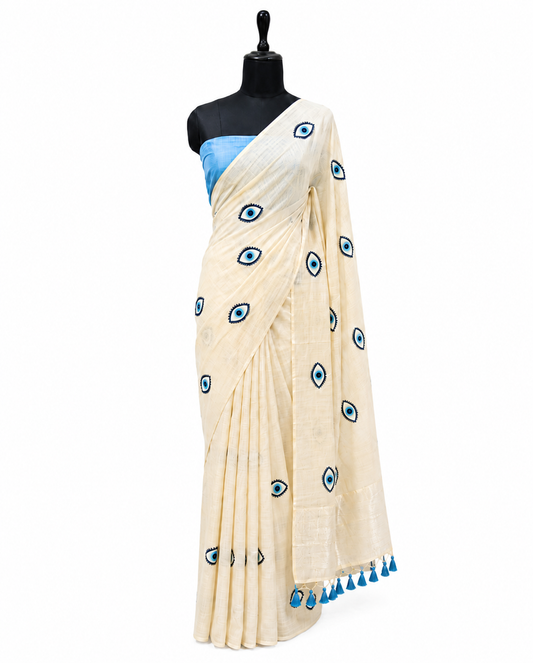 Noor-e-Nazar Cotton Blend Evil Eye Cream + Blue Saree