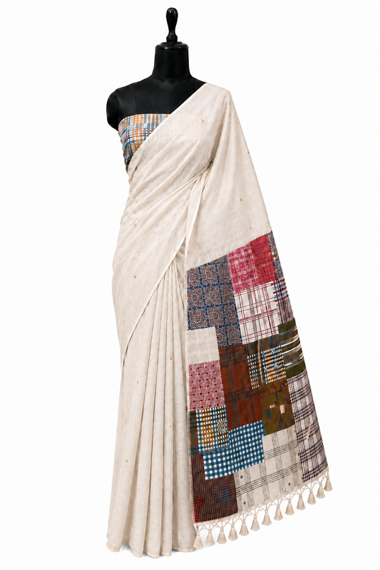 Gamcha Cotton Blend Ivory-Coffee Mustard Saree