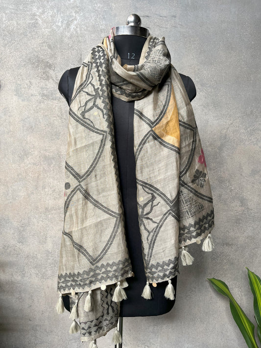 Grey Spun Polyester Ikkat Design Dupatta