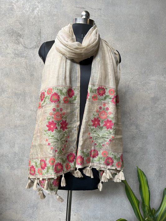White Sunsetorange Cotton Blend Jamdani Dupatta