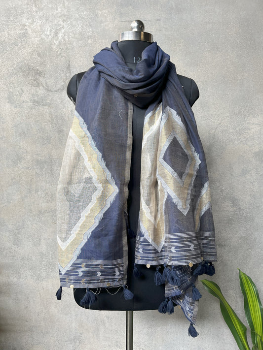 Blue Spun Polyester Ikkat Design Dupatta