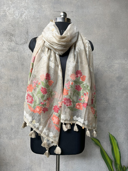 White Sunsetorange Cotton Blend Jamdani Design Dupatta