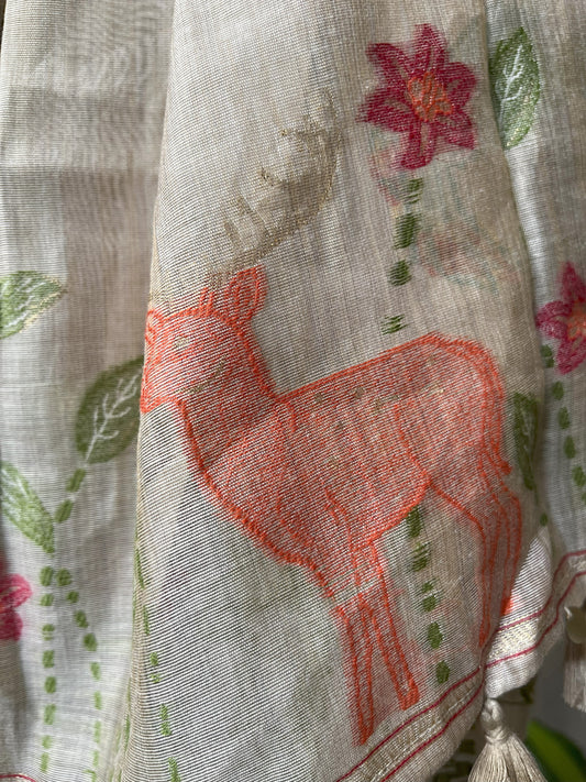White Sunsetorange Cotton Blend Jamdani Design Dupatta