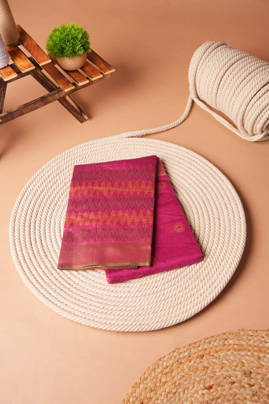 Dark Pink | Polyester Ikat Design Saree