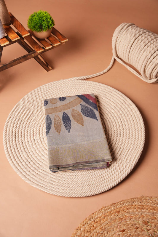 Cream + Blue | Cotton and Linen Jamdani Design Saree