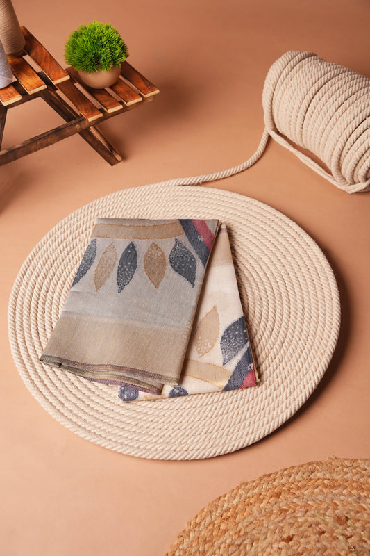 Cream + Blue | Cotton and Linen Jamdani Design Saree