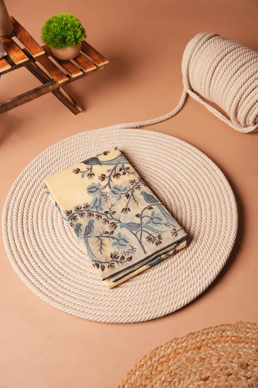 Cream and Blue | Polyester Jamdani Design Saree