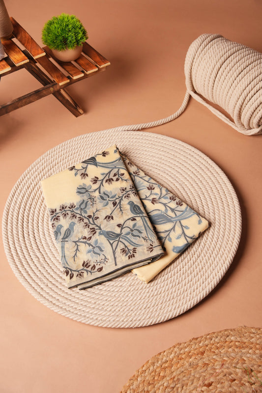 Cream and Blue | Polyester Jamdani Design Saree