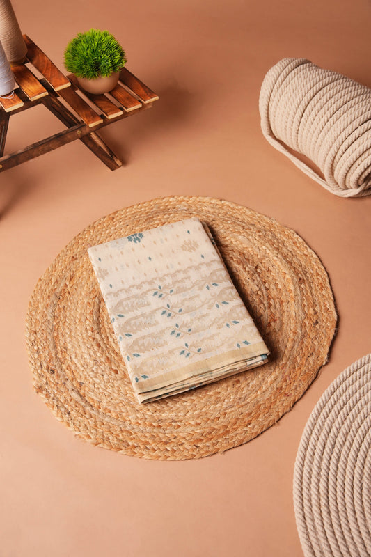 White Green | Cotton and Linen Jamdani Woven Saree