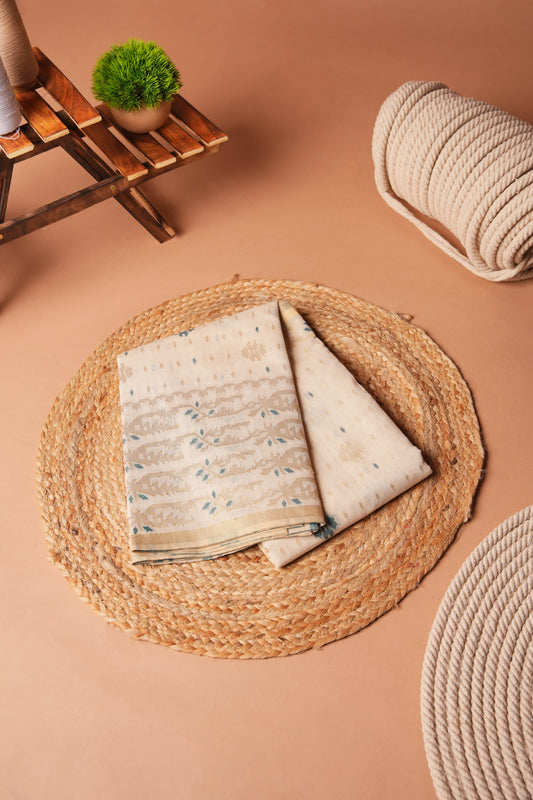 White Green | Cotton and Linen Jamdani Woven Saree