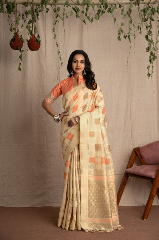 Vritika | Ivory With Orange Muga Cotton Geometric Woven Saree.