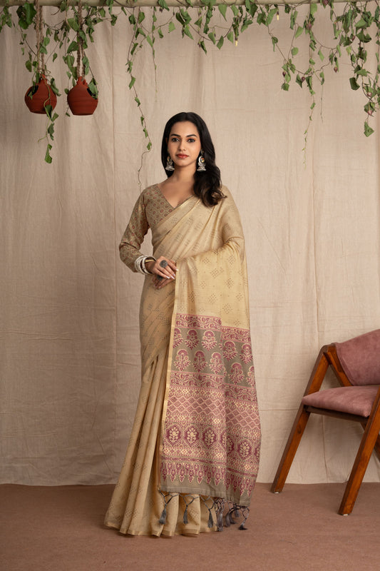 Nivaaj | Cream Muga Cotton Ajrakh Bandhani Mix Design Woven Saree
