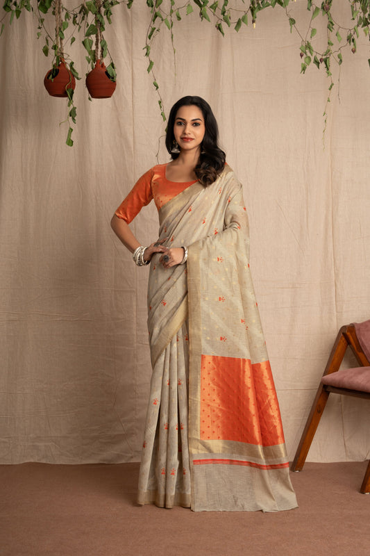 Tanvini | Beige Muga Cotton Linen With Geometric Woven Saree.