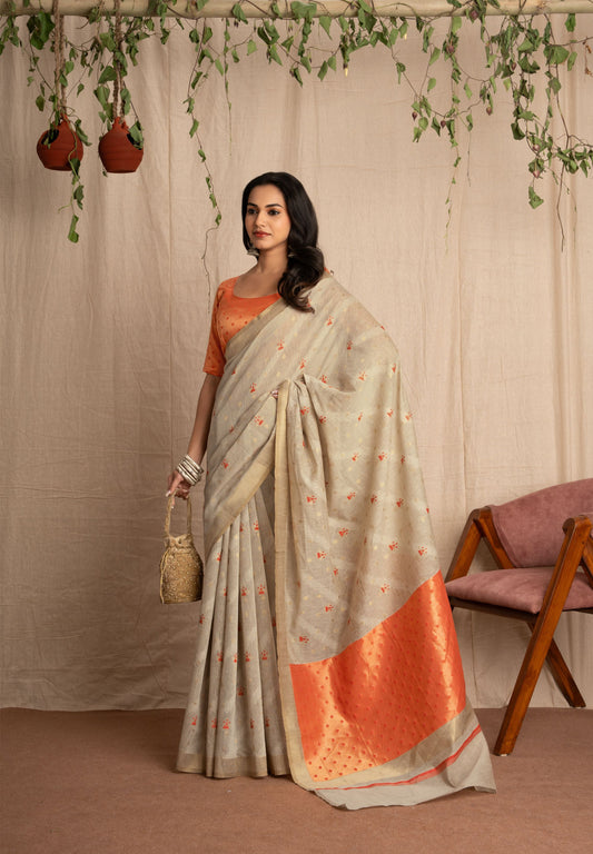 Tanvini | Beige Muga Cotton Linen With Geometric Woven Saree.