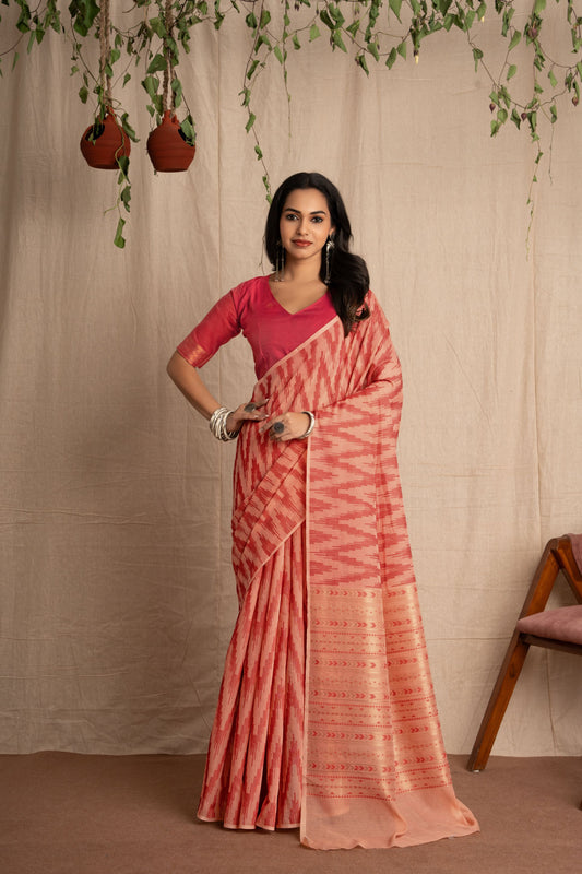 Namira | Peach + Red Soft Viscose Geometric Jacquard Woven Saree.