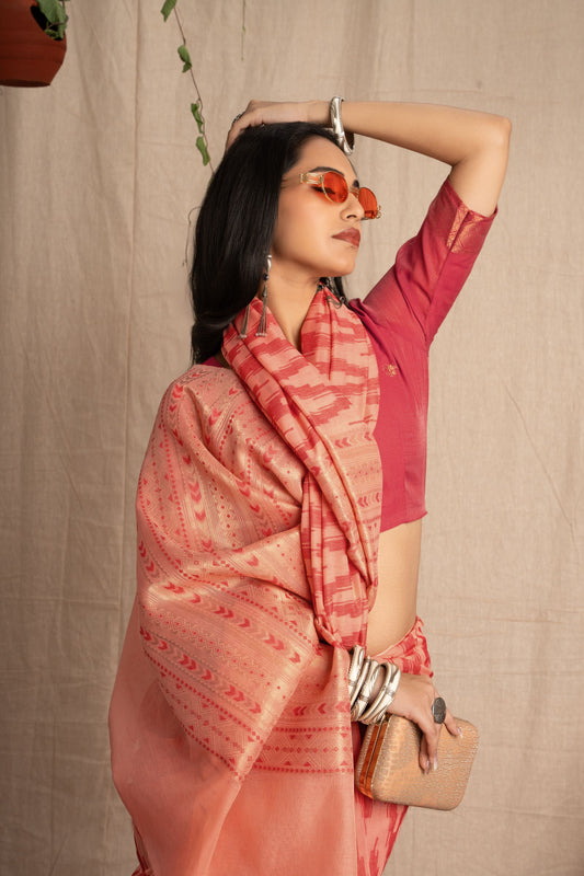Namira | Peach + Red Soft Viscose Geometric Jacquard Woven Saree.