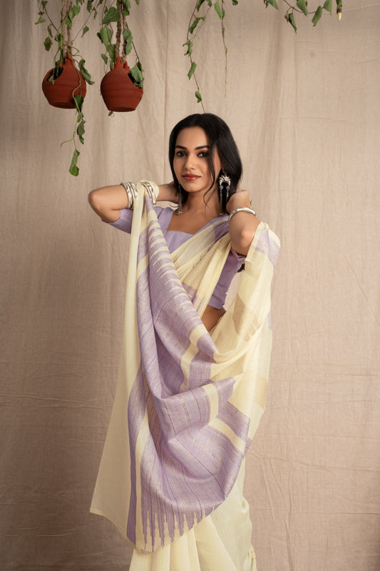 Kavya Karishma | Ivory With Purple Soft Mul Cotton HandLoom Effect Woven Saree.