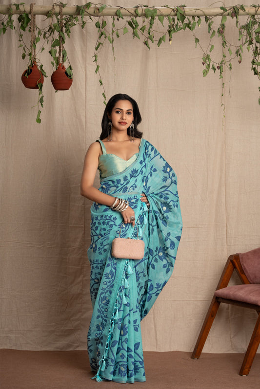 Ishara | Blue Green Muga Cotton Traditional Jamdani Woven Saree
