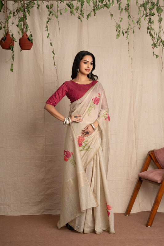 Hastchitra | Ivory & Dark Pink Soft Mul-Cotton Jacquard Woven Handloom Saree