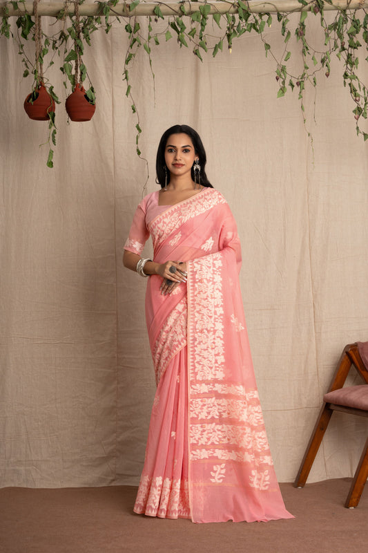 Dhakai Sparsh | Baby Pink Soft Cotton Mul Jamdani Woven Saree