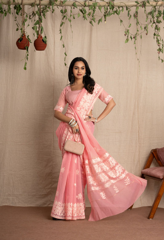Dhakai Sparsh | Baby Pink Soft Cotton Mul Jamdani Woven Saree