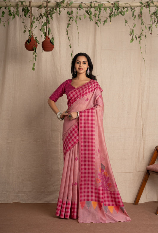 Vasantika | Rose Pink Cotton Muga Jamdani Woven Saree.