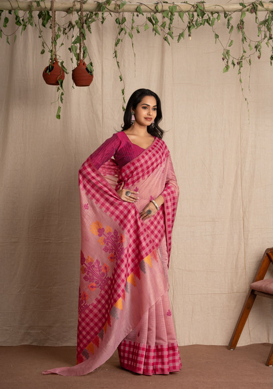 Vasantika | Rose Pink Cotton Muga Jamdani Woven Saree.