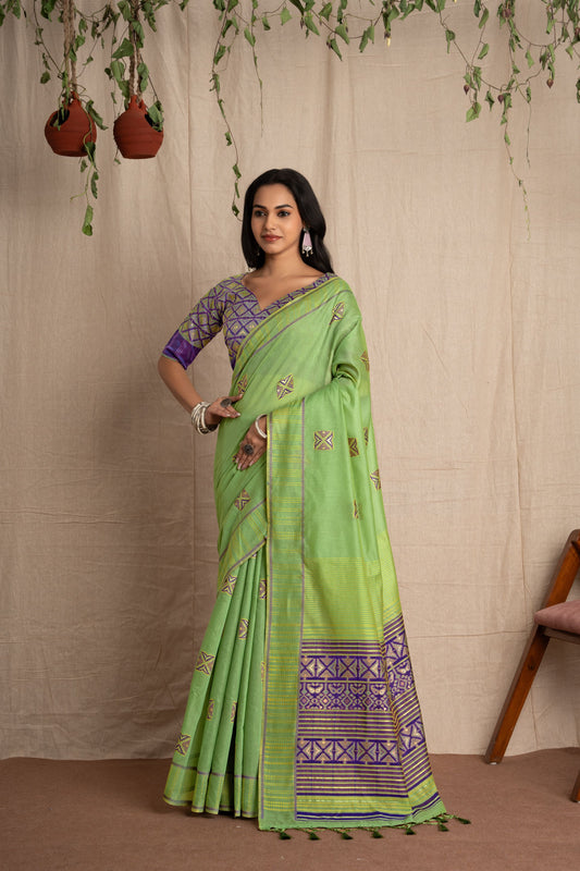 Weave Katha | Green Muga Cotton Kantha Woven Saree.