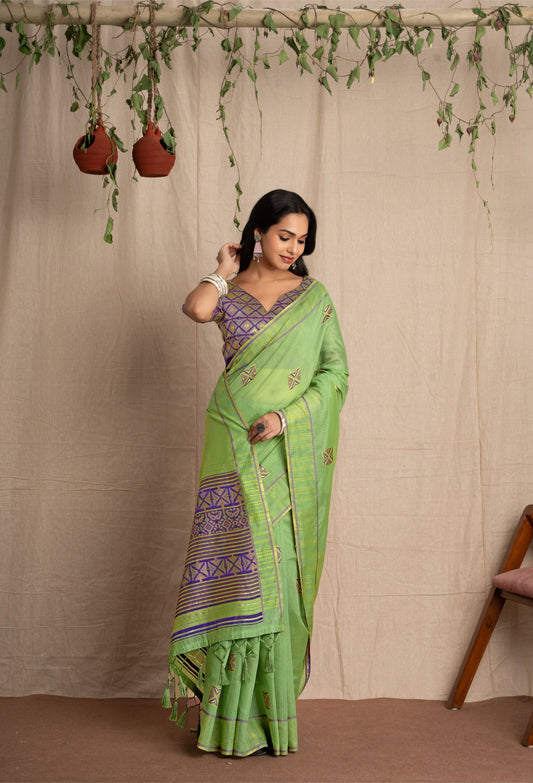 Weave Katha | Green Muga Cotton Kantha Woven Saree.