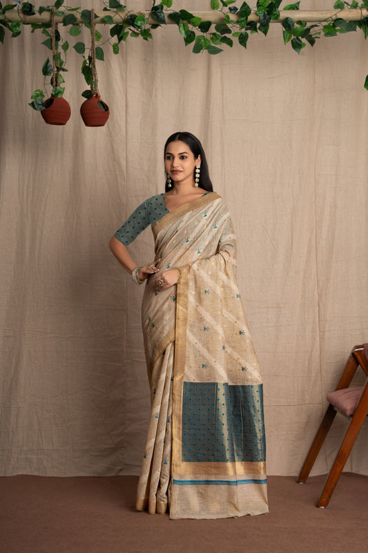 Tanvini | Beige Muga Cotton Linen With Geometric Woven Saree.