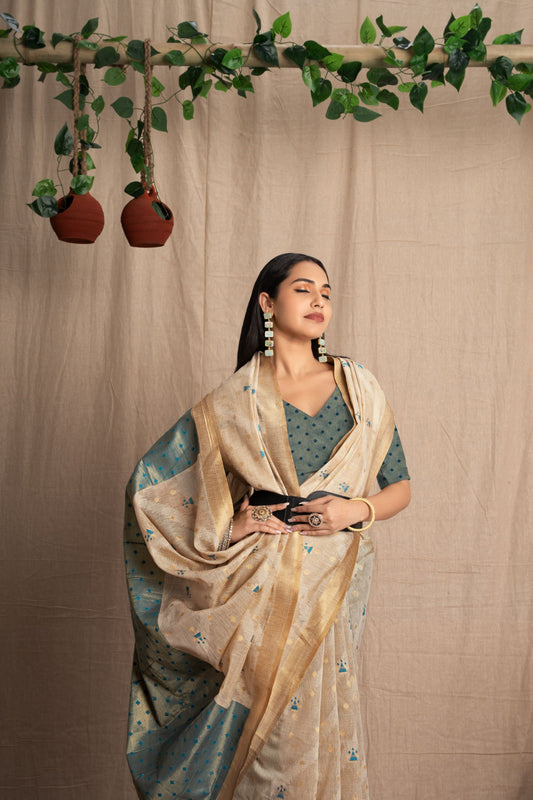 Tanvini | Beige Muga Cotton Linen With Geometric Woven Saree.