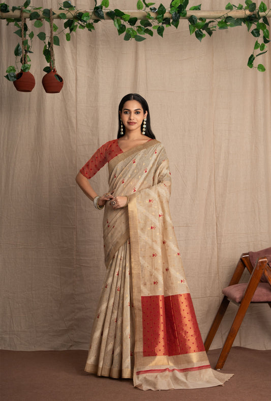 Tanvini | Beige Muga Cotton Linen With Geometric Woven Saree.