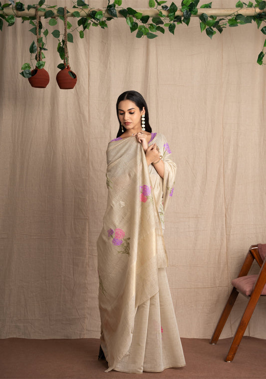 Hastchitra | Ivory & Purple Soft Mul-Cotton Jacquard Woven Handloom Saree