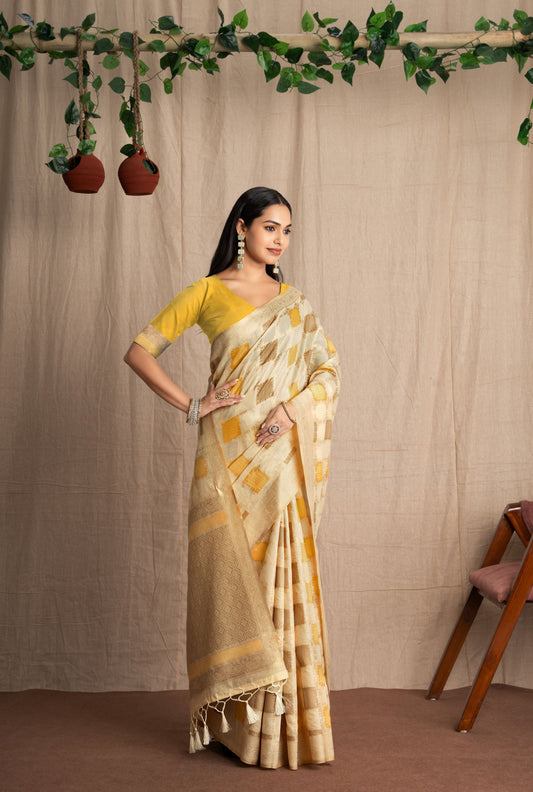 Vritika | Ivory With Yellow Muga Cotton Geometric Woven Saree.