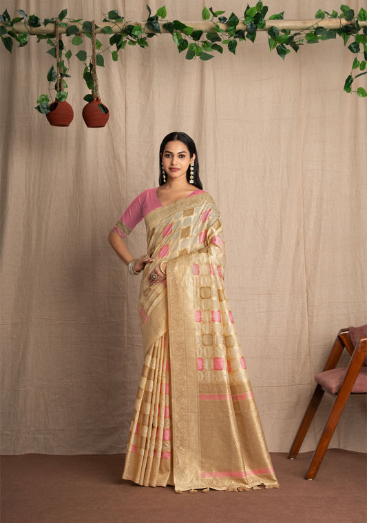Vritika | Ivory With Pink Muga Cotton Geometric Woven Saree.