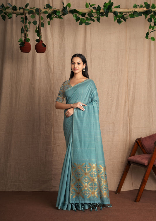 Patrisha | Shade Of Blue Muga Cotton Kantha + Patola Work Woven Saree.