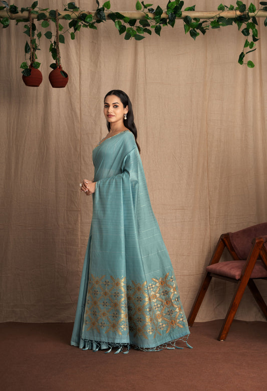 Patrisha | Shade Of Blue Muga Cotton Kantha + Patola Work Woven Saree.
