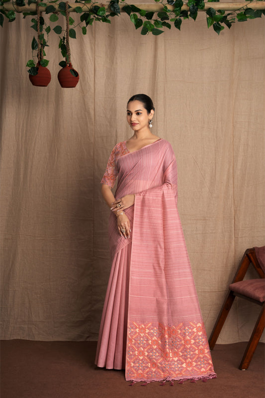 Patrisha | Bubblegum Pink Muga Cotton Kantha + Patola Work Woven Saree.