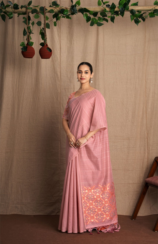 Patrisha | Bubblegum Pink Muga Cotton Kantha + Patola Work Woven Saree.