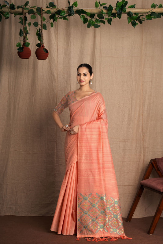 Patrisha | Peach Muga Cotton Kantha + Patola Work Woven Saree.