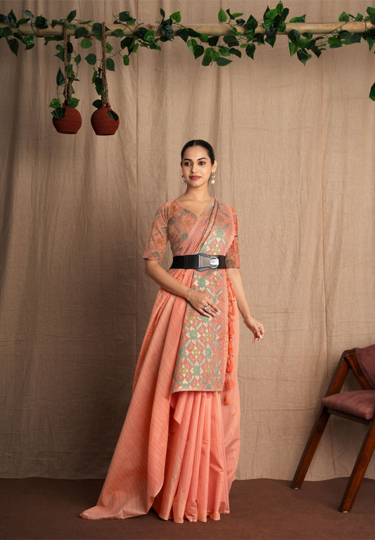 Patrisha | Peach Muga Cotton Kantha + Patola Work Woven Saree.