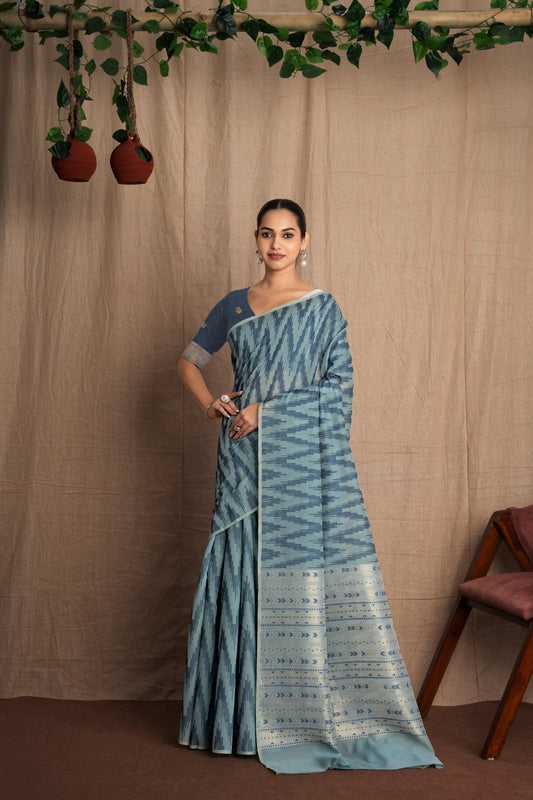 Namira | Green + Blue Soft Viscose Geometric Jacquard Woven Saree.