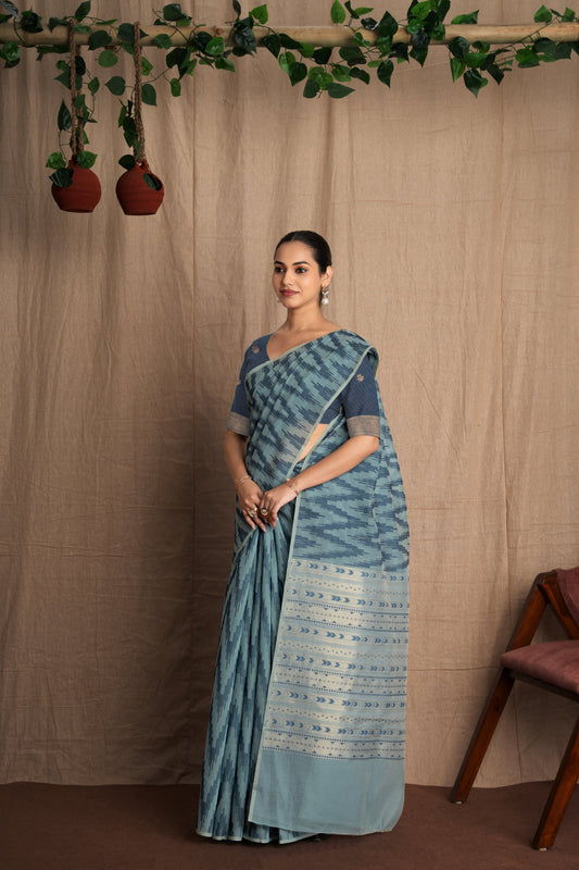 Namira | Green + Blue Soft Viscose Geometric Jacquard Woven Saree.