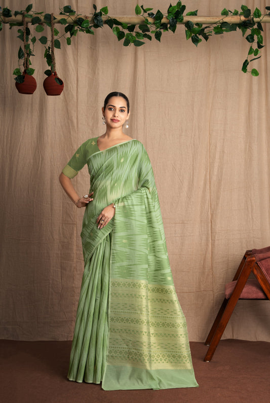 Namira | Pistachio Green Soft Viscose Geometric Jacquard Woven Saree.