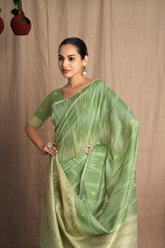 Namira | Pistachio Green Soft Viscose Geometric Jacquard Woven Saree.