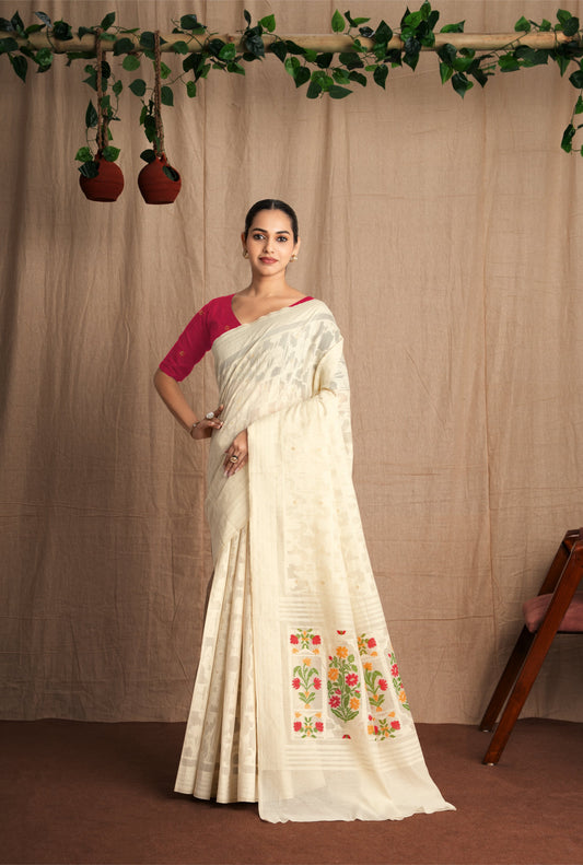 Navya | Pearl White + Red Muga Cotton Jamdani Woven Saree