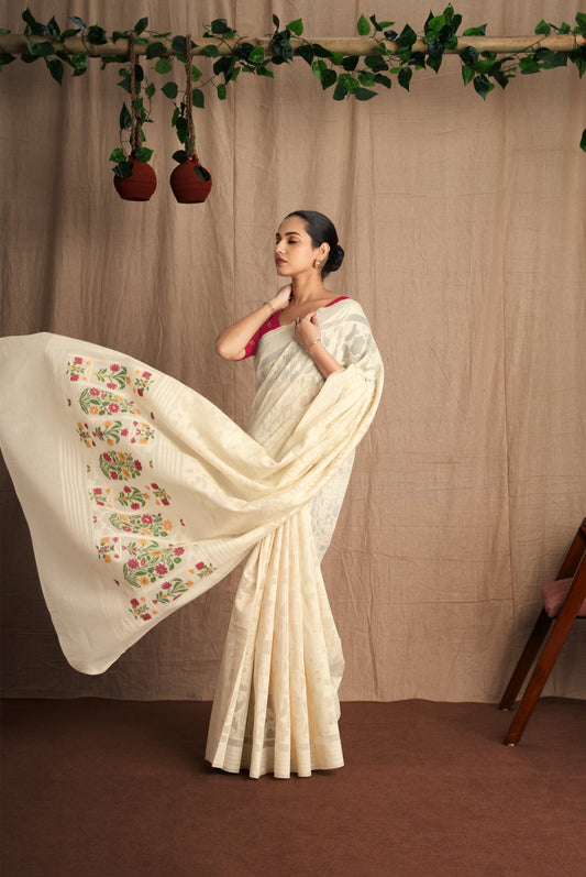 Navya | Pearl White + Red Muga Cotton Jamdani Woven Saree