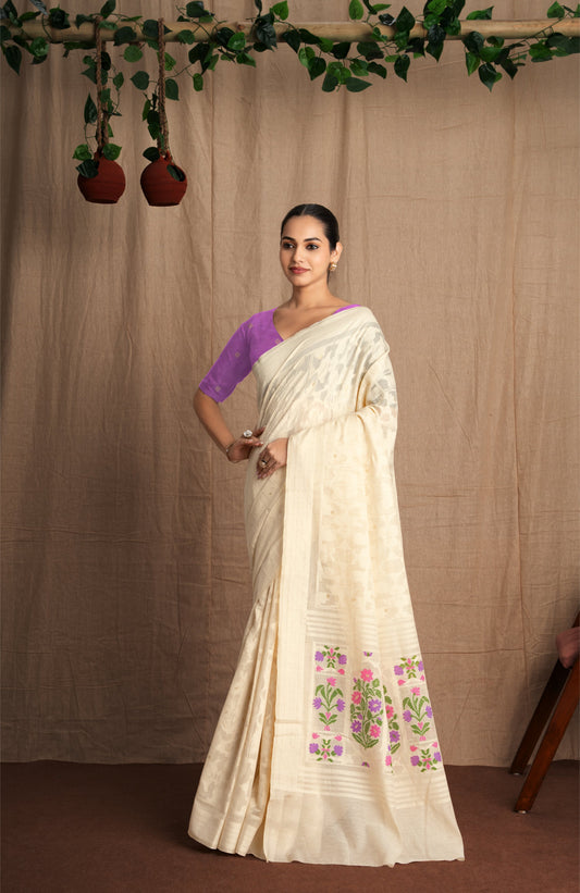 Navya | Pearl White + Purple Muga Cotton Jamdani Woven Saree.